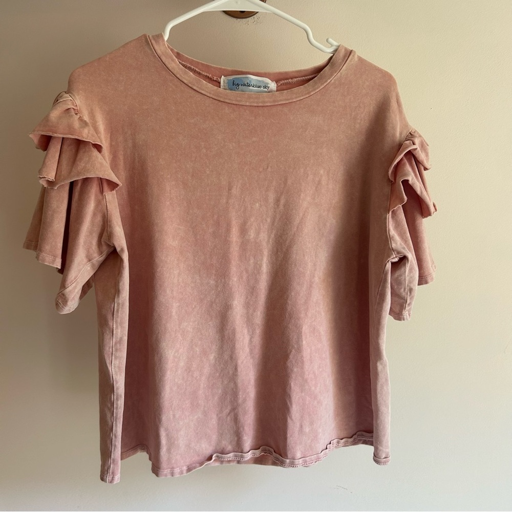 big waterblue sky bountiful blush pink ruffle blouse S